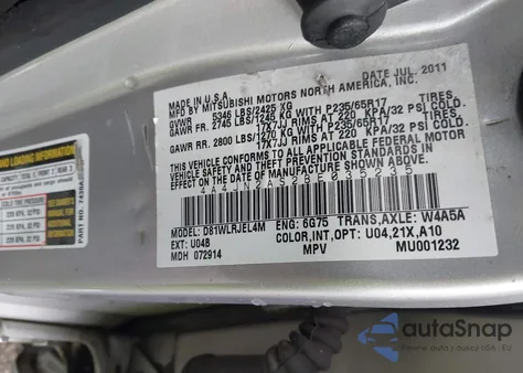 2011 Mitsubishi Endeavor z USA, uszkodzony, nr VIN 4A4JN2AS2BE035235